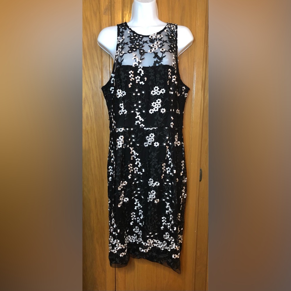 Betsey Johnson Black Sheer Floral Lace Mini Dress with White Appliqué